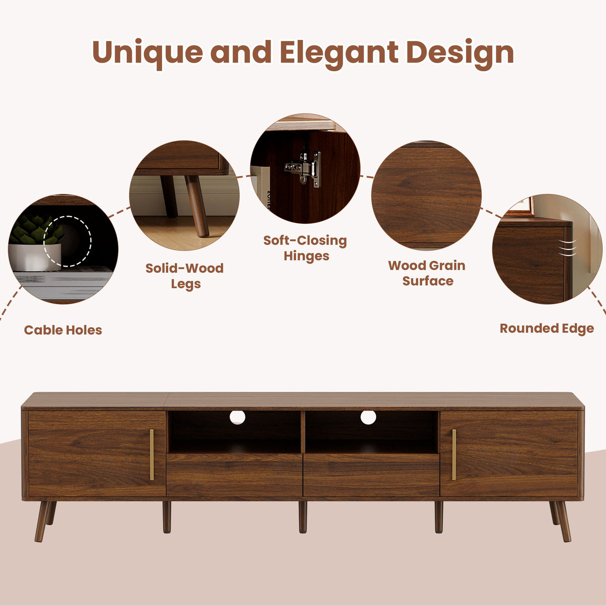 78" TV Stand For 85" TVs With Soft Close Doors, Open Shelf - Walnut