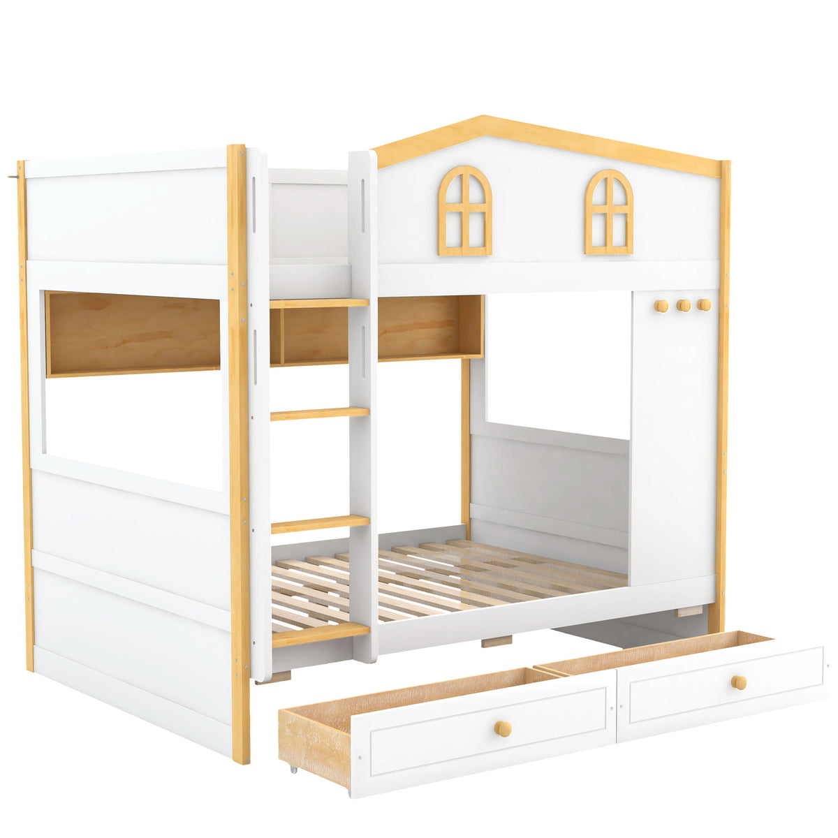 Bunk Bed With House Shaped Guardrails, Storage Shelves, And Trundle