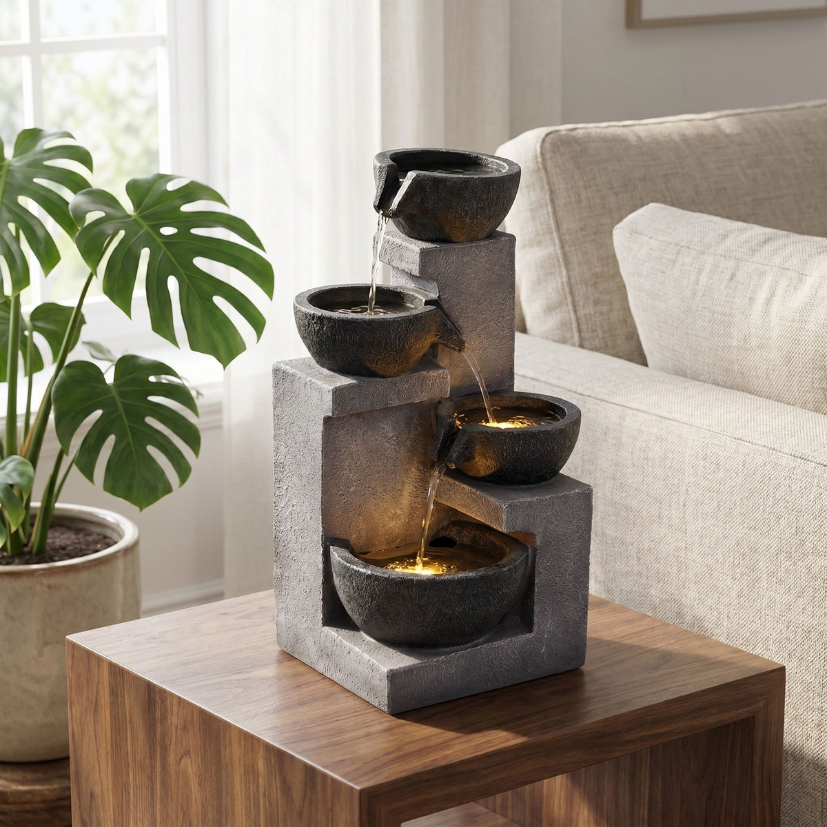 4 Tier Cascading Water Fountain With Warm LED Lights, Quiet Pump For Patio - Gray