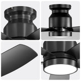 Flush Mount Ceiling Fan With LED Light 22W And Remote Control Blades For Indoor Use - Black