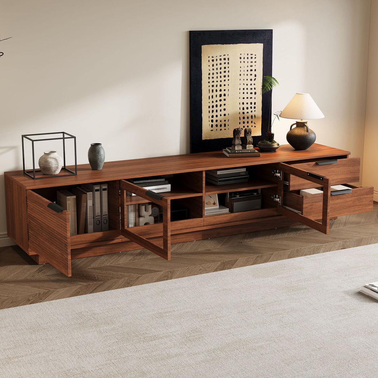 TV Stand With 2 Drawers, Doors & Cable Management, Soft Closing Hinges - Walnut
