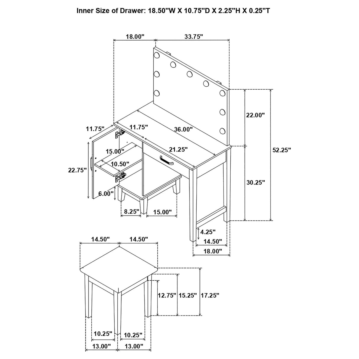 Elijah - Vanity Set With Lighting And Stool - White
