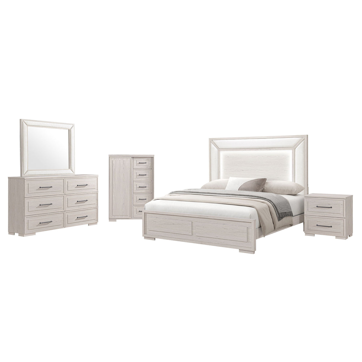 Ciara - King 5 Piece Bedroom Set With LED Lighting, Clean Lines And Upholstered Mirror - Beige