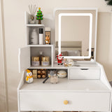 3 Color LED Vanity Mirror With Stool, Dressing Table For Bedroom, 2 Drawers & 5 Storage Cabinets (4 Open + 1 Hidden), Adjustable Lighting - White