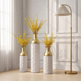 Tall Textured Geometric Decorative Floor Vases Home Decor (Set of 3) - White / Gold