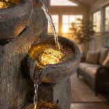 Outdoor Water Fountain, 4 Tier Cascading Bowl With Warm LED Lights For Patio - Brown / Tan