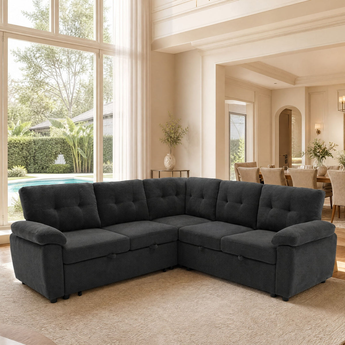 Convertible Sectional Sofa Bed With Pull Out Sleeper And Storage