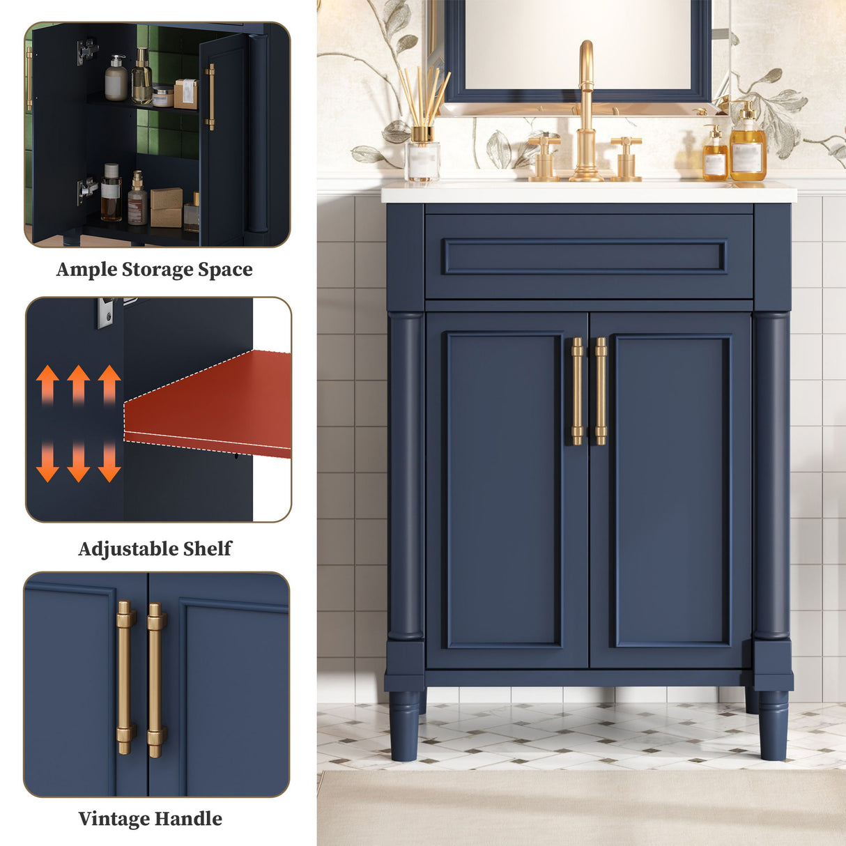 Bathroom Vanity With Integrated Sink, 2 Door Cabinet, Single Sink For Small To Medium Bathrooms