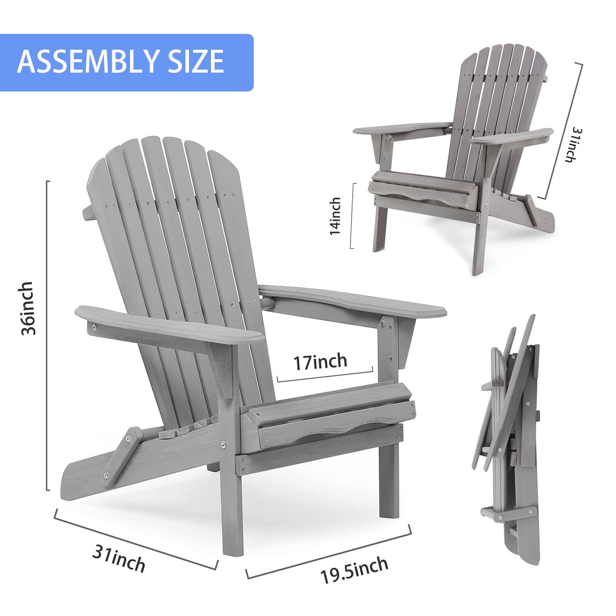 2-Piece Folding Adirondack Chair Set Solid Wood Gray