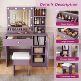 Vanity Desk Set With Padded Stool And Adjustable LED Mirror, 3 Color Light Modes - Purple