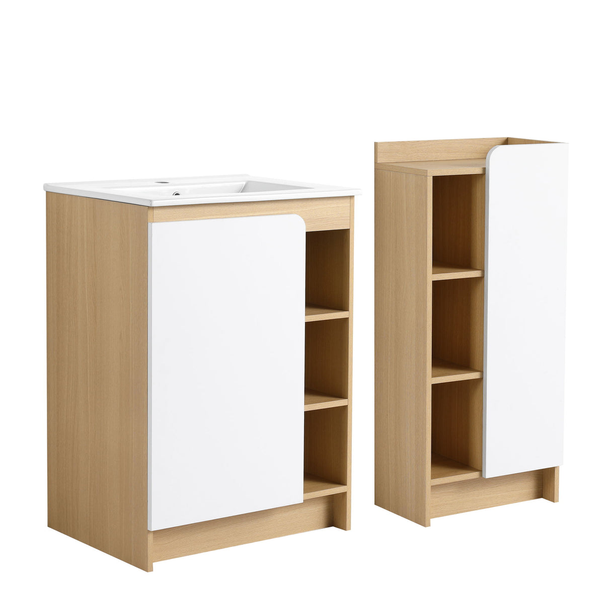 24" Bathroom Vanity With Sink & Side Cabinet, Vanity Set With Thin Edge Sink & Interchangeable Door Panels, Bathroom Storage - Black / Light Oak / White