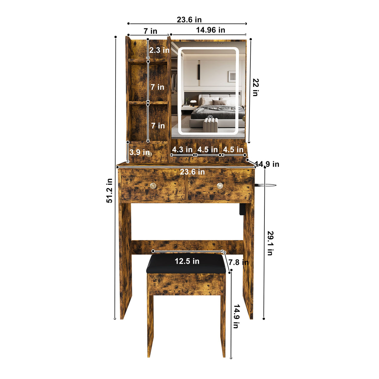 Modern Small Vanity Desk With 3 LED Lighting Modes, 3 Drawers