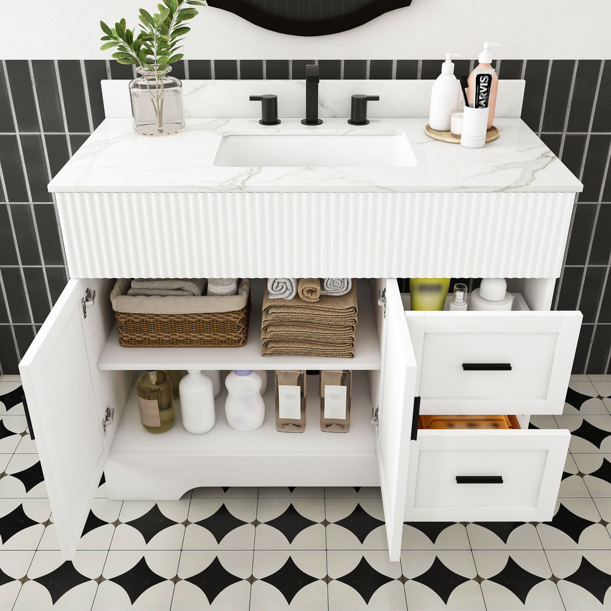 Bathroom Vanity Set, Fluted Cabinet With Soft Close Doors & Drawers, 3 Faucet Holes, Sink Included - White
