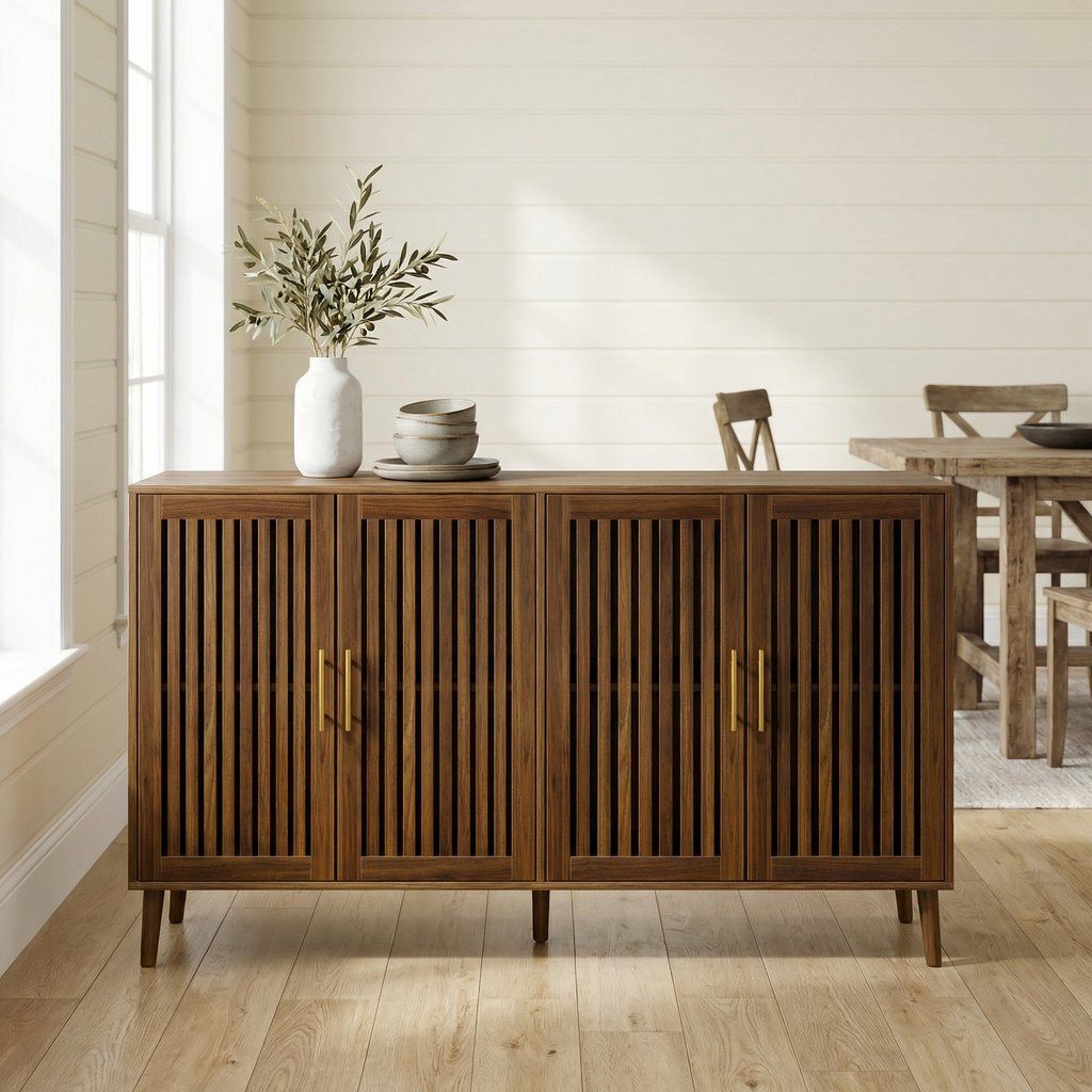 Farmhouse Sideboard Buffet Cabinet Wood Coffee Bar Storage in Dark Brown