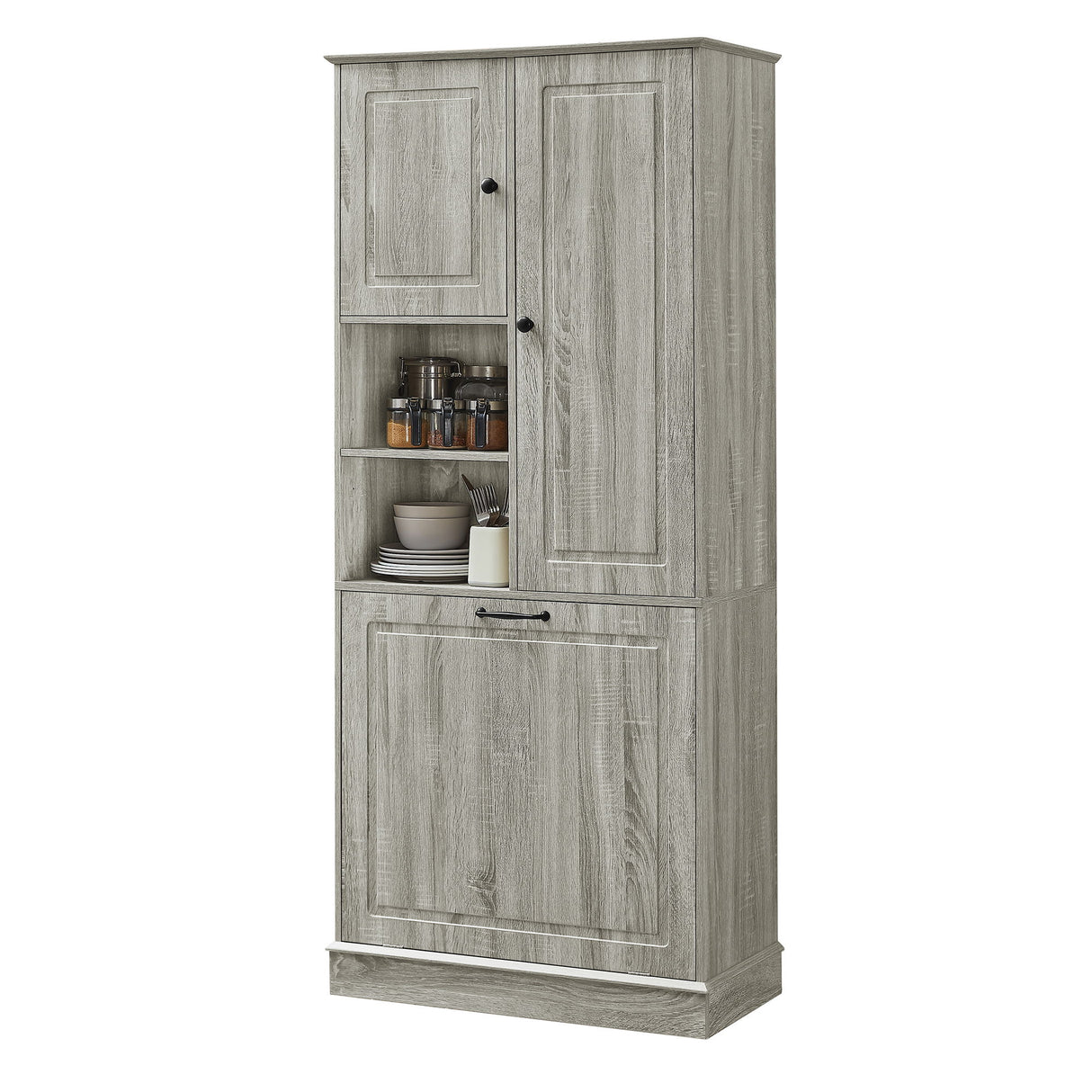 Modern Tall Storage Cabinet With Adjustable Shelves, Flip-Out Basket & Enclosed Doors