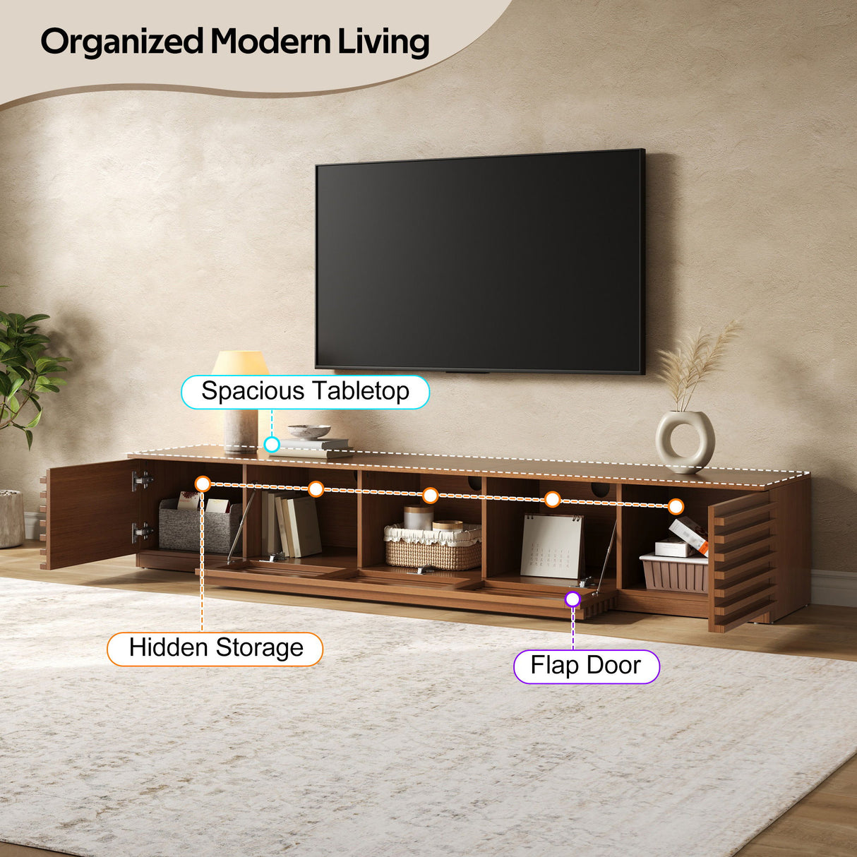 TV Stand, Entertainment Center With Cable Management And Soft Closing Hinges - Walnut