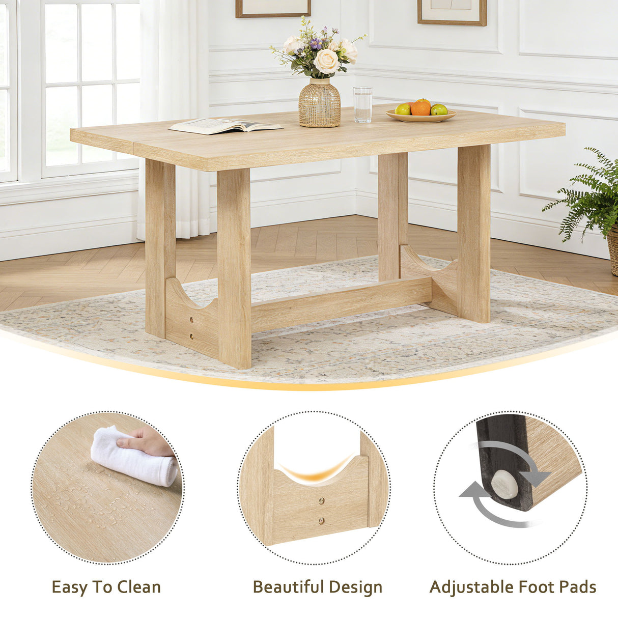 6 Piece Rectangular Kitchen Table Set With Bench And 4 Upholstered Chairs For Kitchen - Light Oak