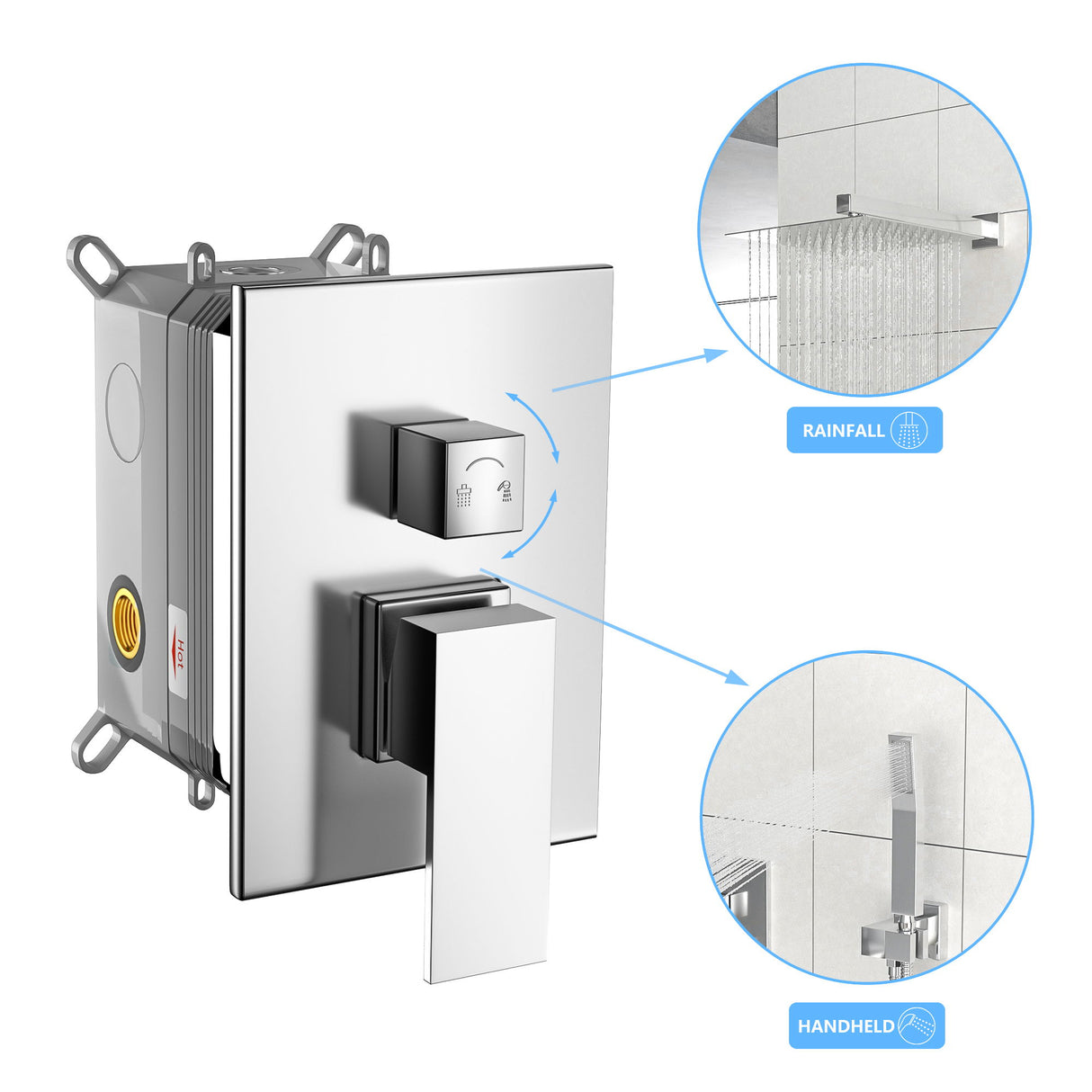 Dual Shower Head System With 12" Square Rain Shower And Rough In Valve
