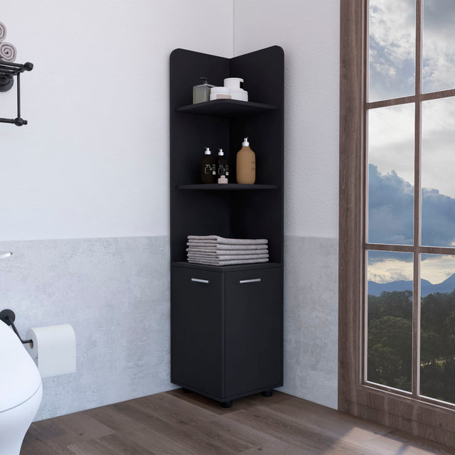 Corner Cabinet Tall With 3 Tier Shelf And 2 Door - Black - Linen Cabinets - Alpine Outlets