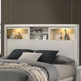 Transitional Bed With Smooth Gliding Drawers, Built In Lights, Open Headboard Shelves