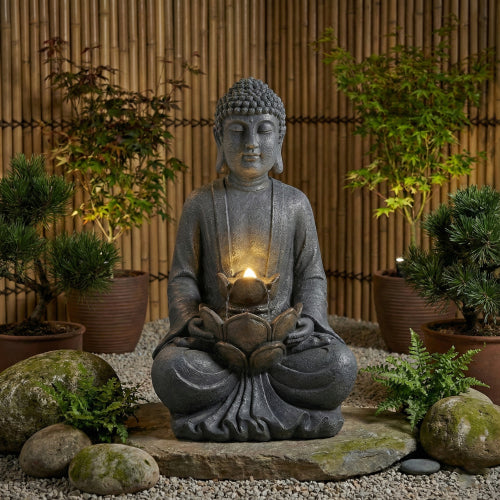 28" Height Zen-Style 2-Tier Meditating Buddha Water Fountain with Pump & LED Light, Outdoor Waterfall & Buddha Statue for Garden, Patio & Backyard