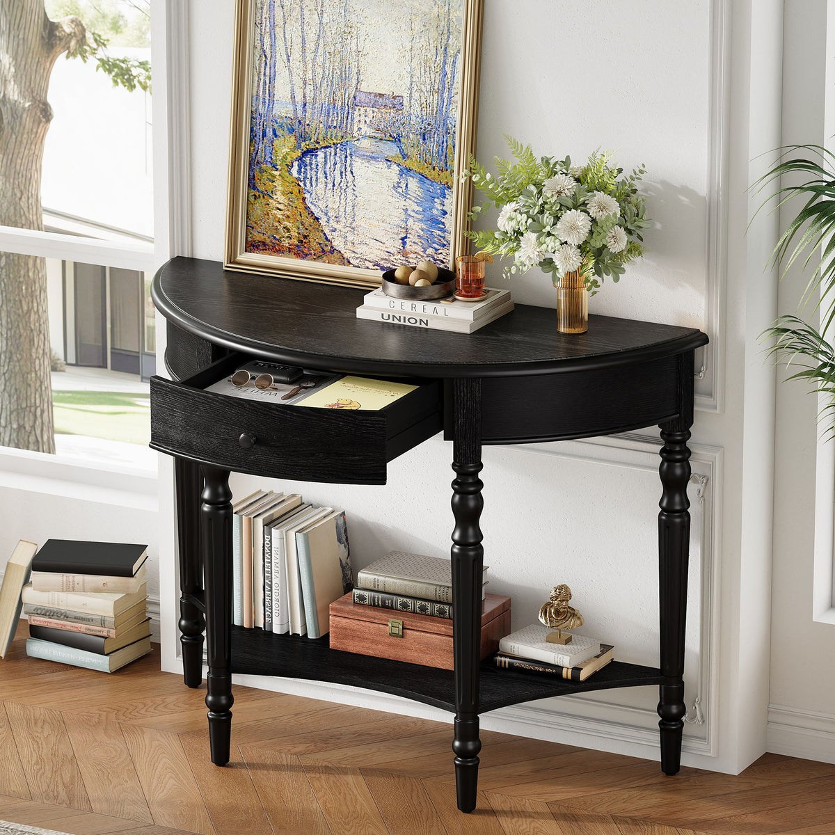 Half Moon Console Table With Drawer & Shelf Accent Table For Entryway - Black