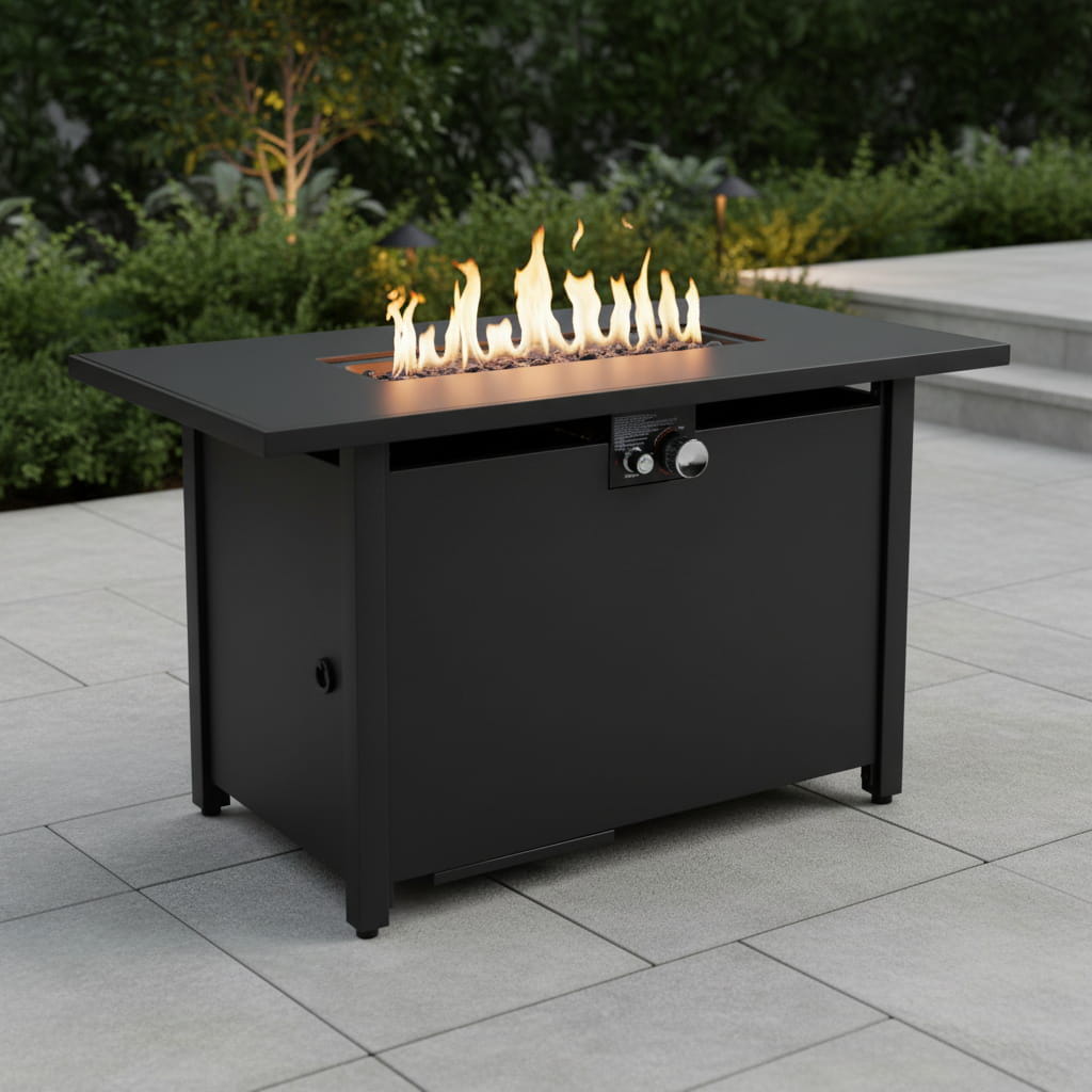 Outdoor Fire Pit Table Propane Heater Smoked Glass Steel 42x25in Black