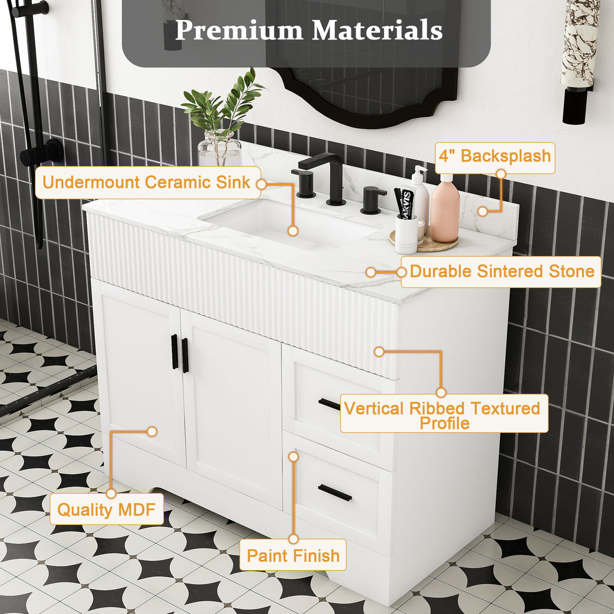 Bathroom Vanity Set, Fluted Cabinet With Soft Close Doors & Drawers, 3 Faucet Holes, Sink Included - White