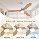 60" DC Motor Ceiling Fan With Light, 3 Blades, 18W LED 3 Color Dimmable With Memory, 6 Speed Lcd Remote Control, Reversible Motor, Timer Setting (1 / 4 / 8 H) - White