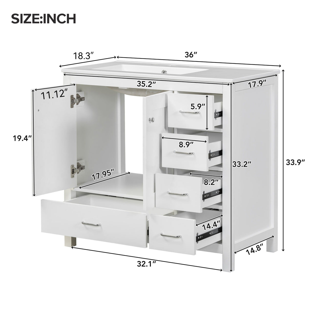 Bathroom Vanity With Sink Combo, 2 Soft Close Doors And 5 Drawers