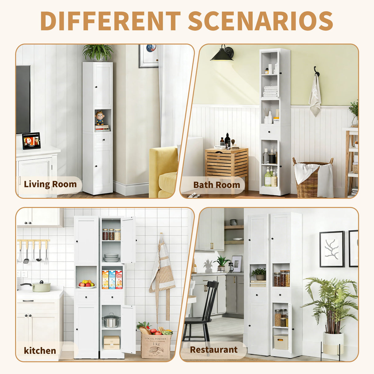 Tall Bathroom Storage Cabinet, 5-Tier Narrow With 2 Doors & Adjustable Shelves, Freestanding - White