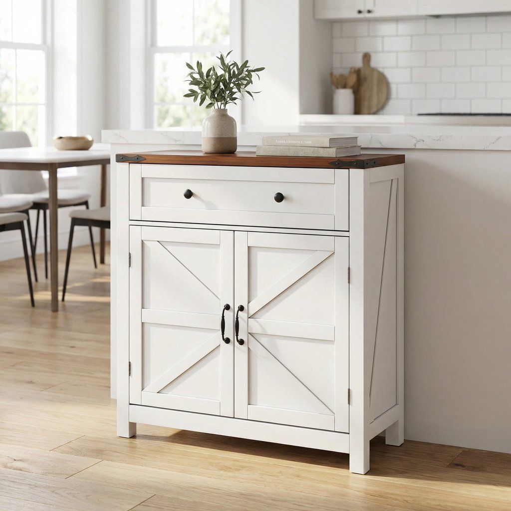 Farmhouse Storage Cabinet Kitchen Sideboard with Drawer Wood 30x32.5in