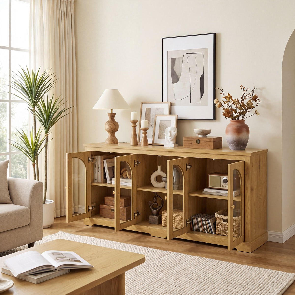 Modern Arched Glass Sideboard With 6 Doors, Buffet Cabinet With Storage And Adjustable Shelves