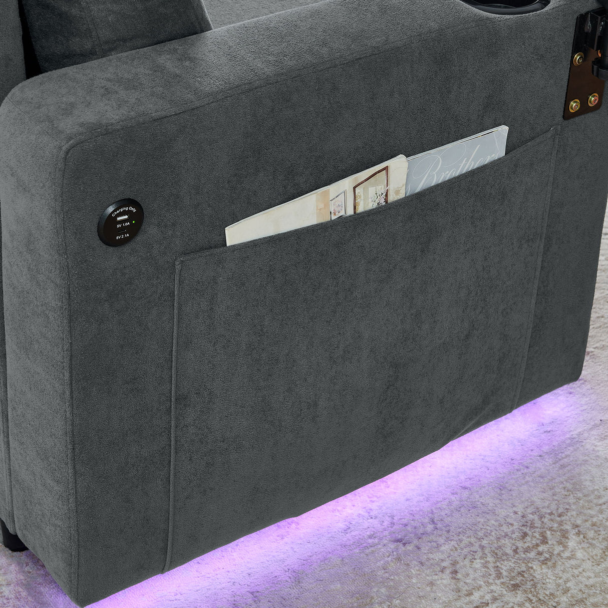 Multi Functional Pull Out Bed Sofa With Retractable Table, LED Lighting, USB Charging Ports & Cup Holders