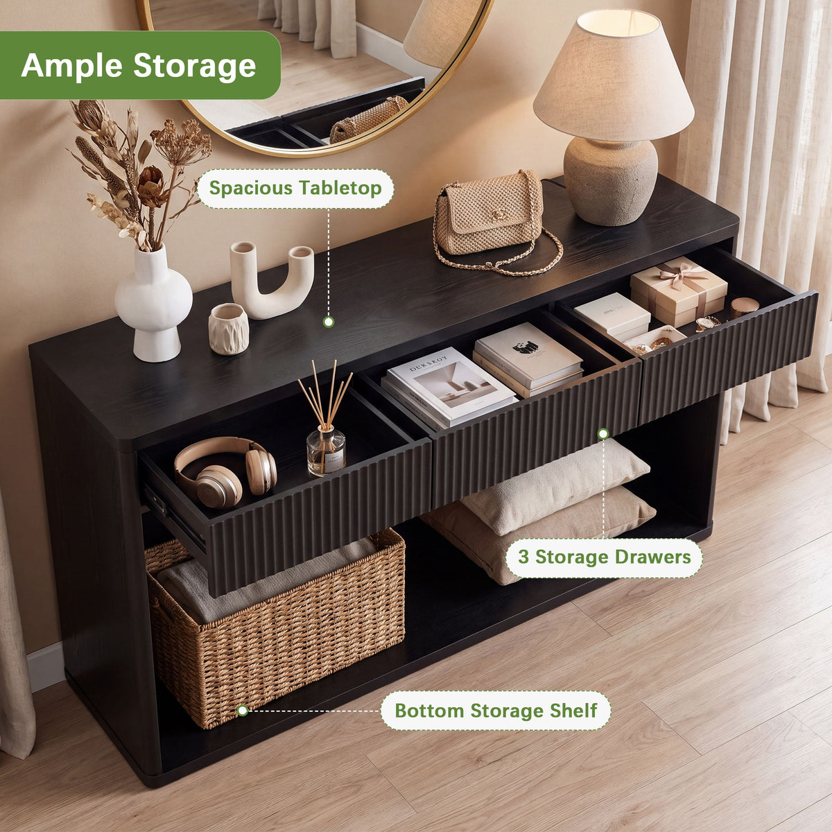 Fluted Console Table With 3 Drawers, Long Sofa Table Behind Couch For Living Room - Black