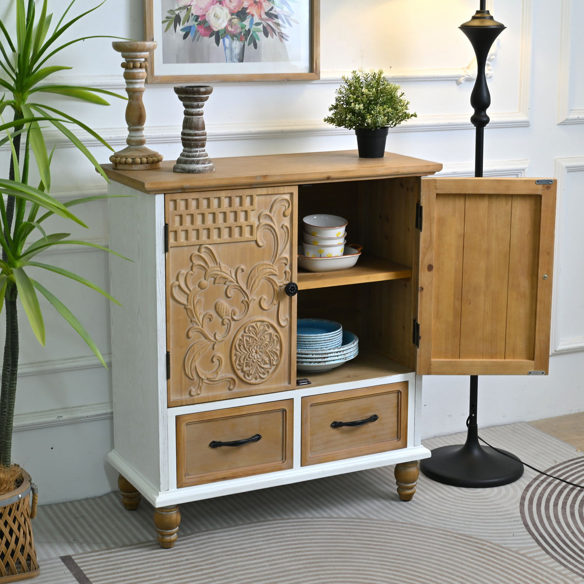 Accent Flower Carved Door Sideboard Cabinet With 2 Drawers For Kitchen - Natural Wood Wash / White