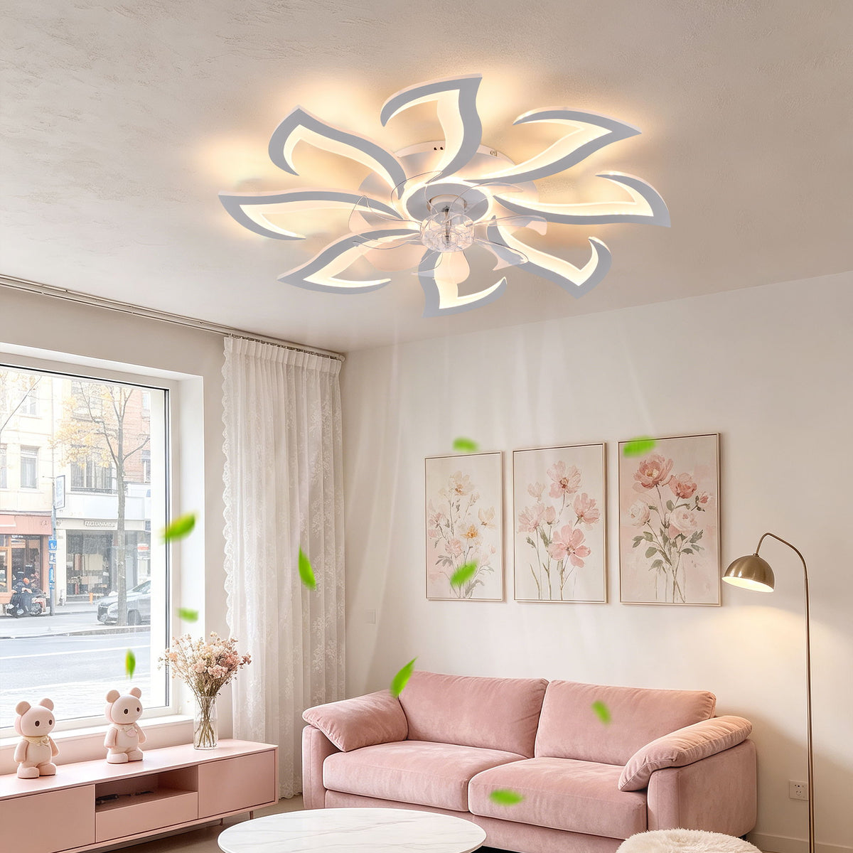 Flower Ceiling Fan With Remote Controlled LED Light, Flush Mount DC Motor Fan