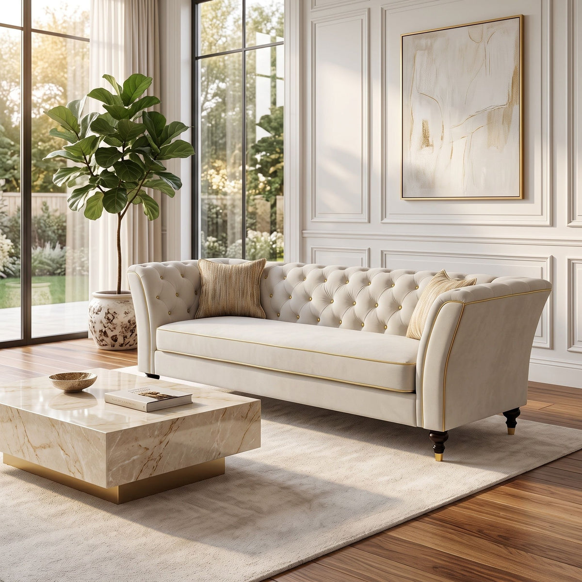 3 Person Sofa With Deep Seat, Tufted Backrest