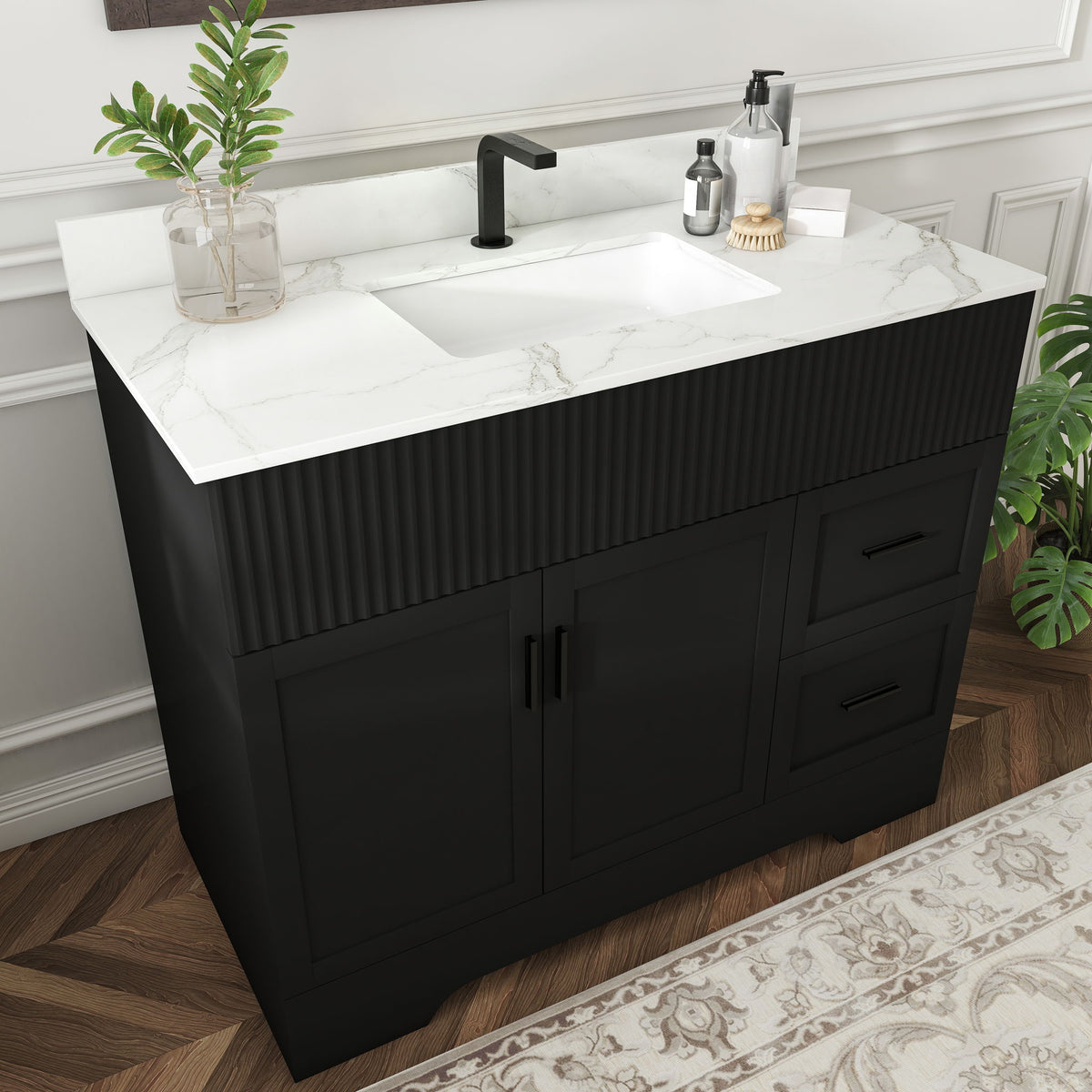 Bathroom Vanity Set, Fluted Cabinet, Soft Close Doors, Single Faucet Hole, Sink Included - Black