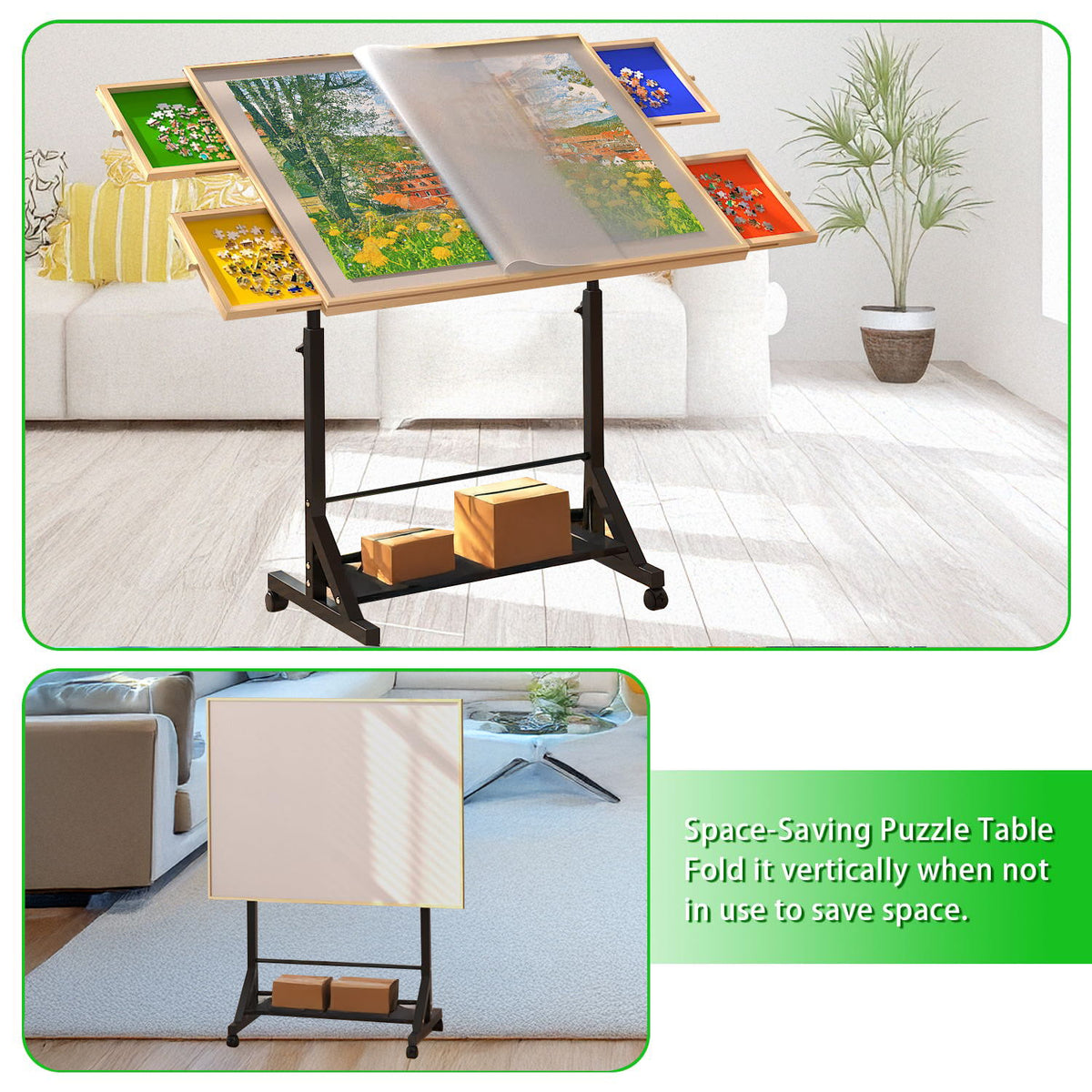 360 Degree Tilting Wooden Puzzle Table With 1500 Pieces, Rolling Design With Adjustable Height, Drawer, And Protective Cover - Black / Natural Wood