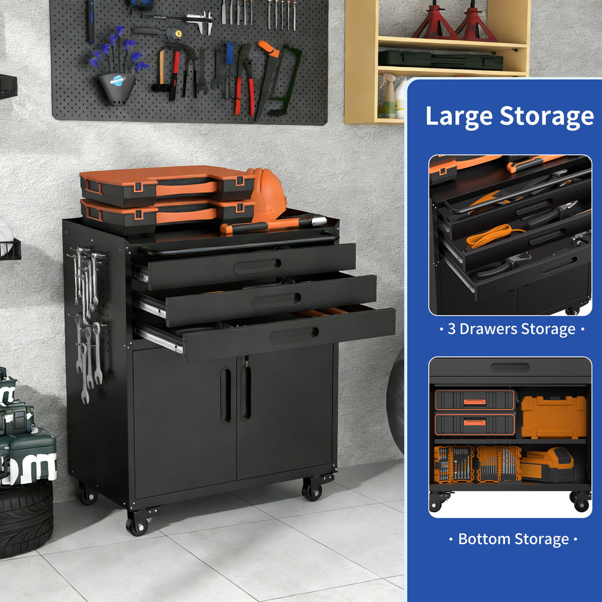 Rolling Tool Cabinet Heavy Duty Garage Storage With Lockable Doors & Drawers