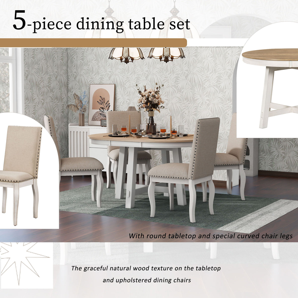 Round Extendable Dining Table Set With 4 Upholstered Chairs