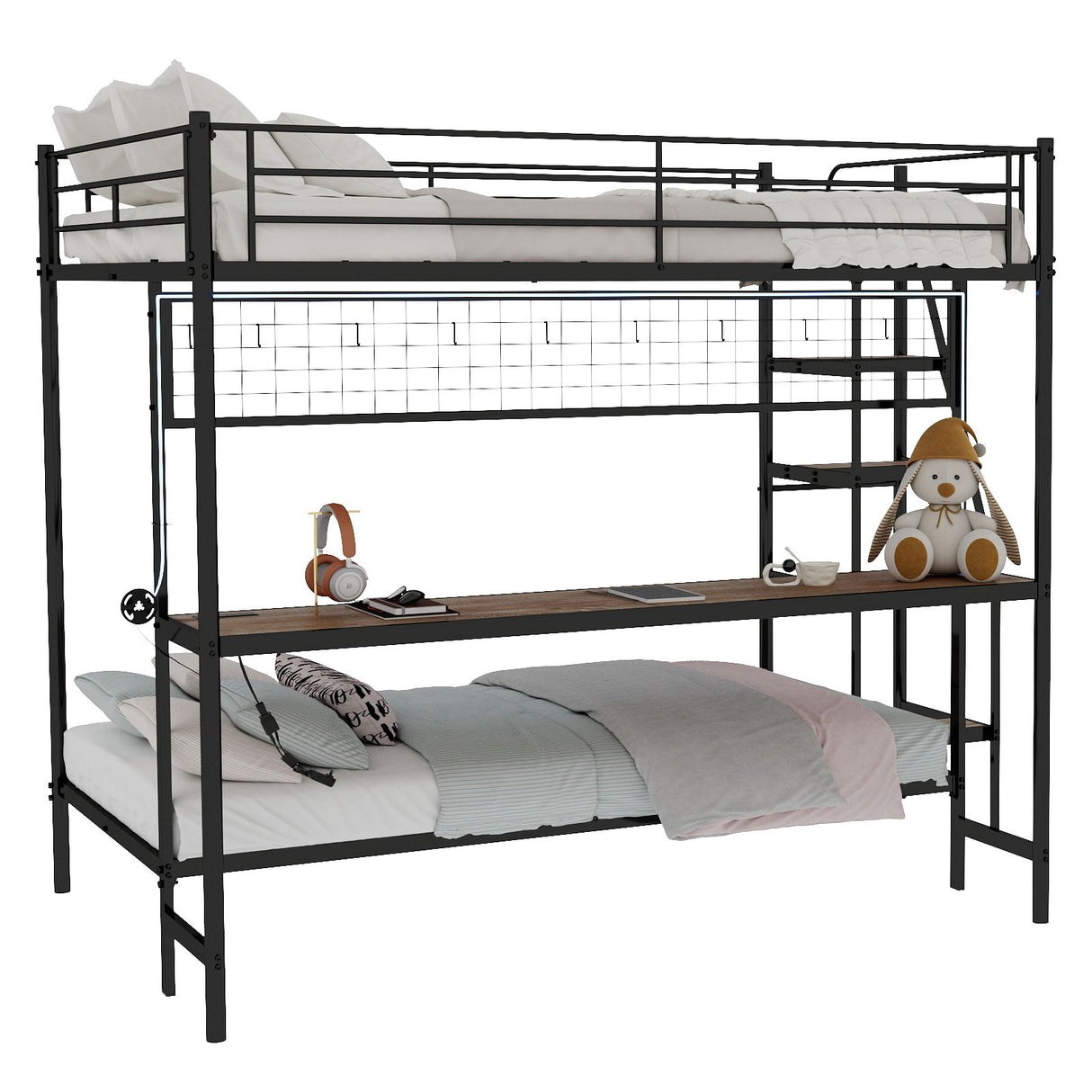 Bunk Bed With Built In Desk And LED Lighting
