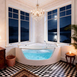 Korra - 2 Person Acrylic Corner Whirlpool Bathtub With Hydro Massage, Rainbow Light, Heater - Milk White