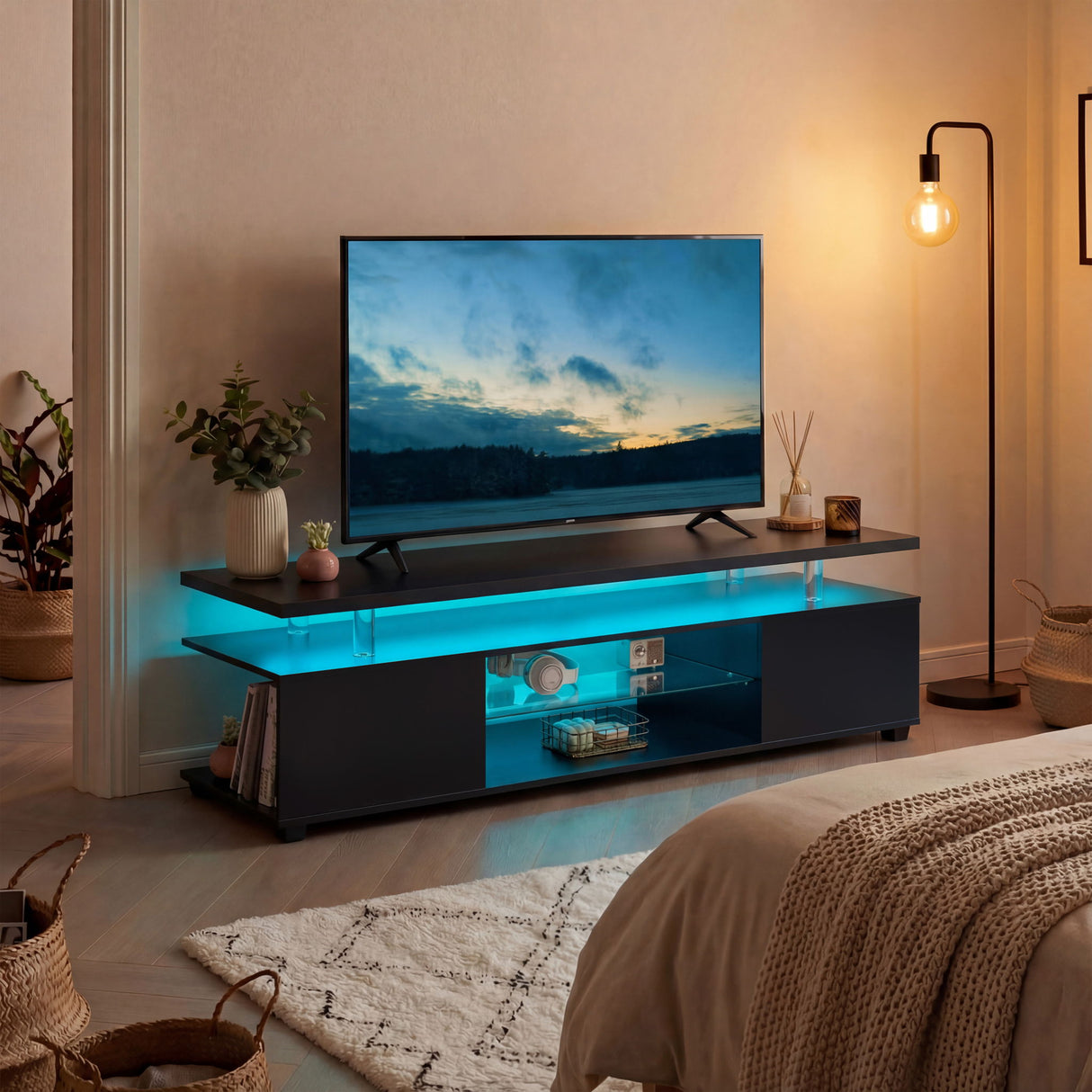 TV Stant With LED And Large Side Cabinet