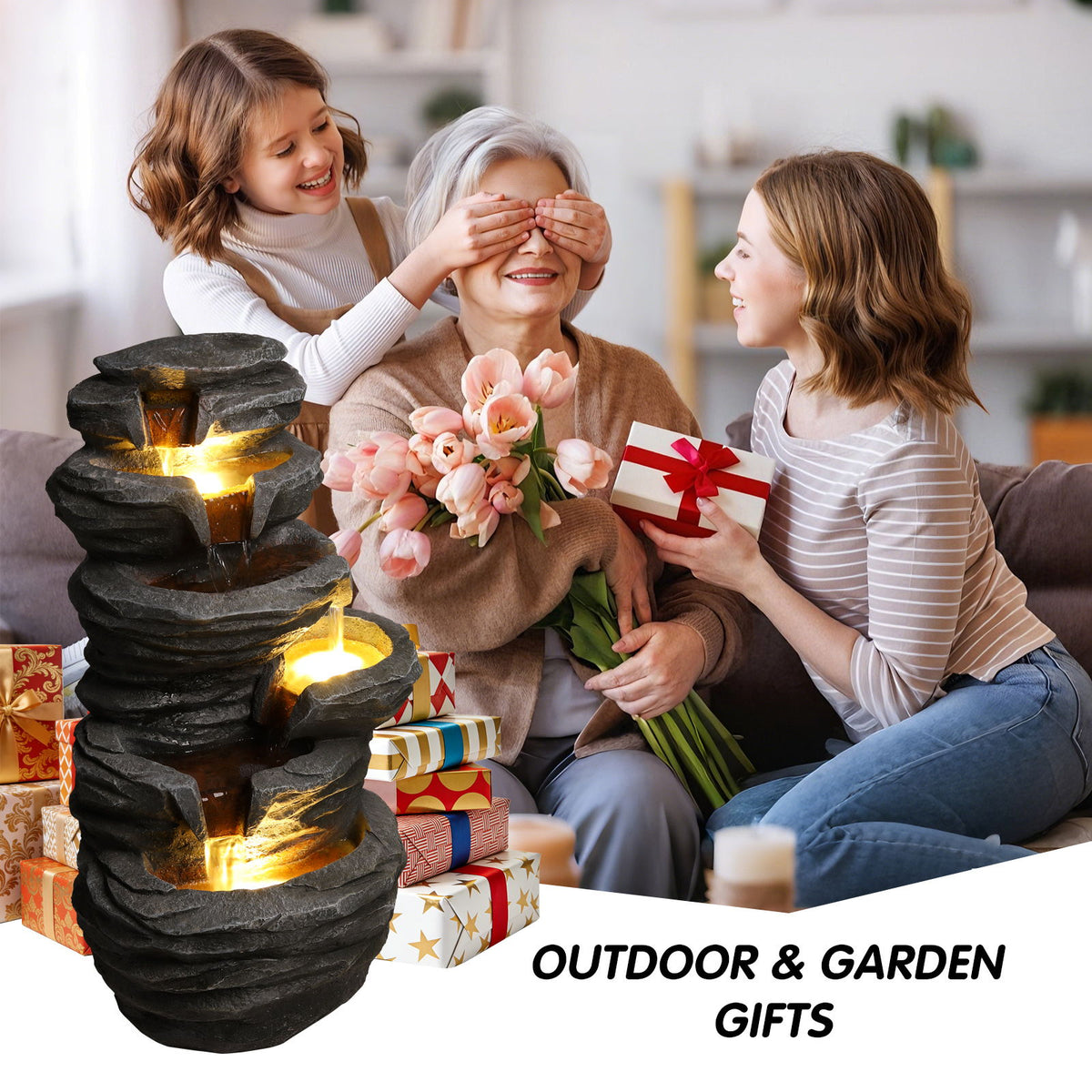Outdoor Waterfall Fountain With LED Lights For Patio - Gray