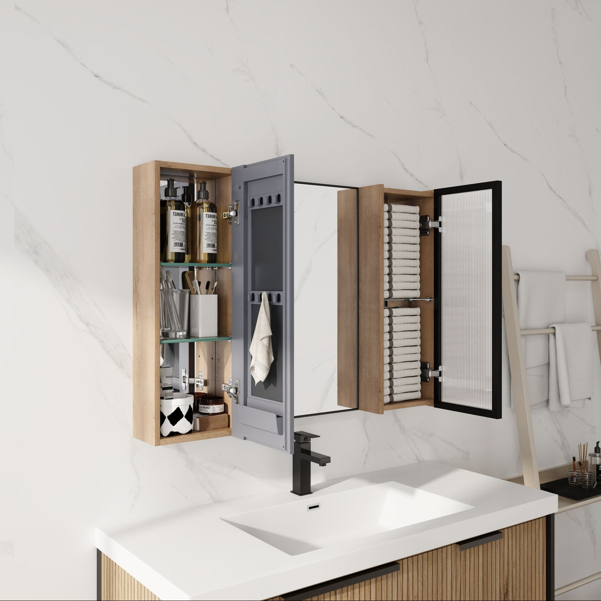 Wall Mounted Cabinet With Soft Close Door, Adjustable Shelves Storage For Bathroom - Imitative Oak