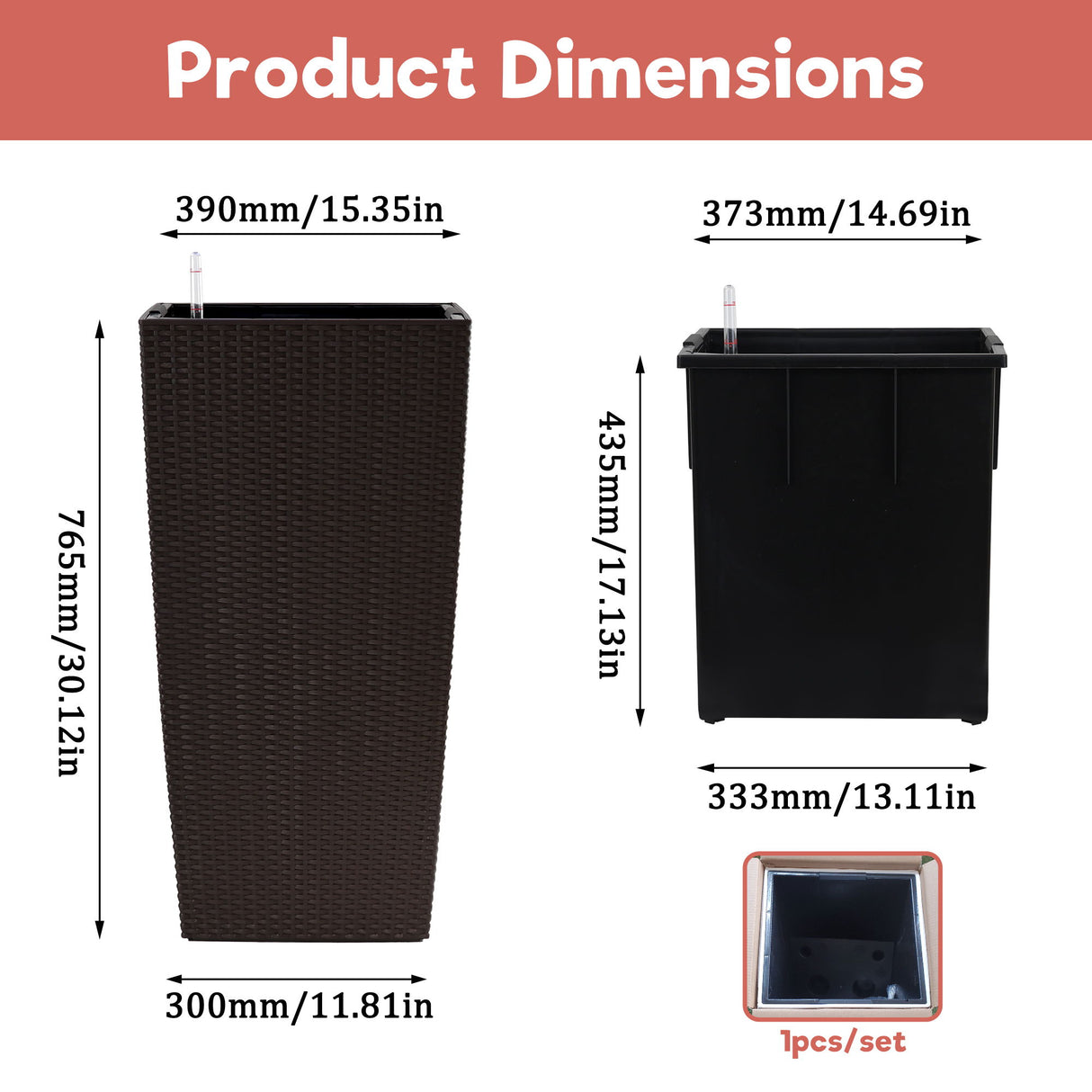 Large Self Watering Flower Pot With Drainage Holes & Inner Tray