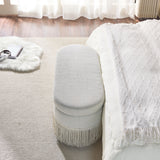 Oval Upholstered Storage Ottoman With Fringe Trim & Lift Top Lid