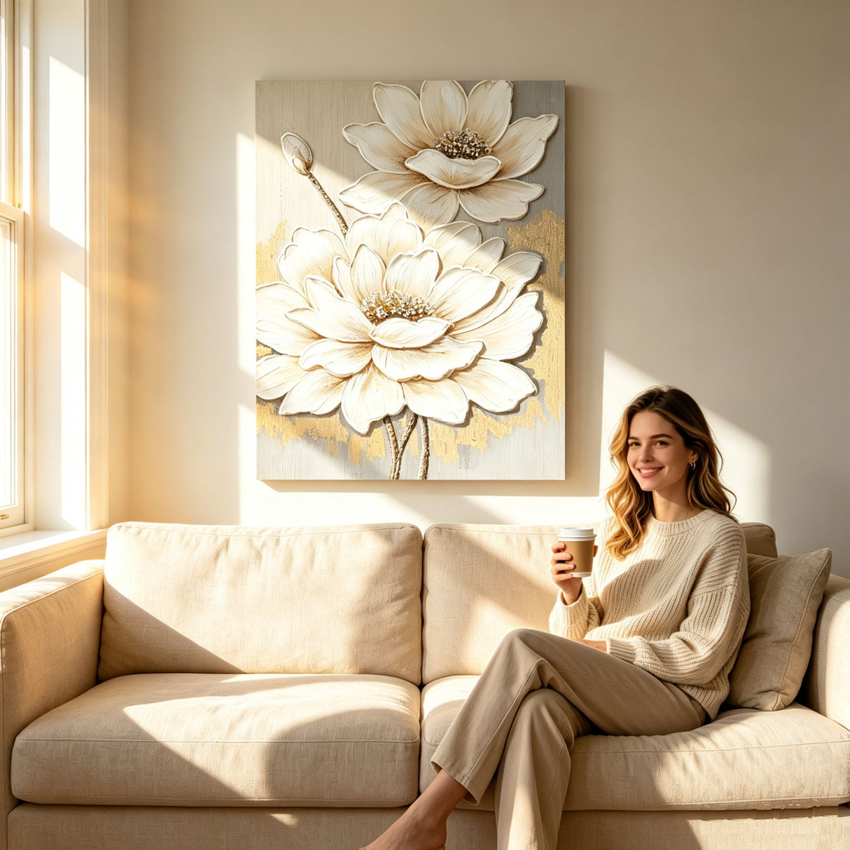 Lotus Flower Canvas Wall Art, Hand Painted Thick Textured Floral Painting With Accents, Neutral Decor For Living Room - Antique White / Gray